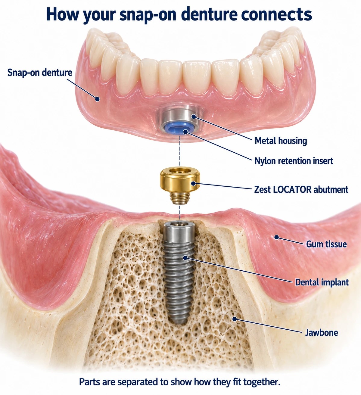 Labeled diagram: nylon insert inside the denture housing connects to an implant abutment above the gum